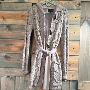 MM Couture greyHooded Cable-Knit Cardigan with Belt